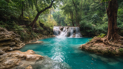 Naklejka premium A scenic view of a waterfall cascading into a turquoise pool surrounded by lush green vegetation