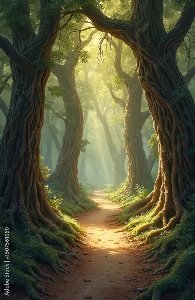 Aufkleber mystical forest with path leading through ancient trees. sunlight filters through green canopy. sere