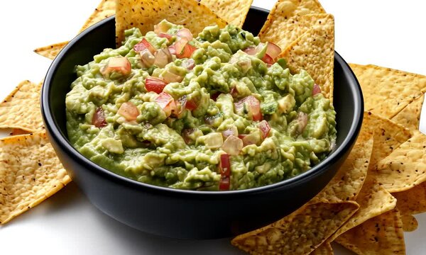 Guacamole, chips, bowl, white background, food photography, recipe