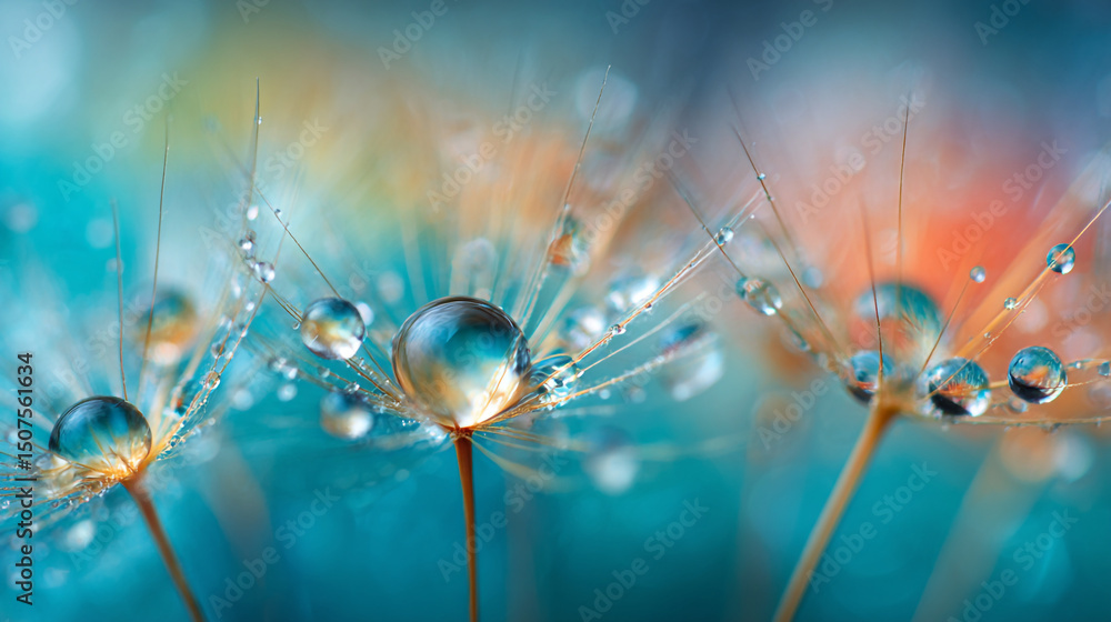 Poster close up of dandelion seeds with water droplets against a blurred colorful background creating a sof