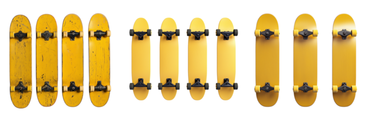 Set of Modern minimalism photo of white skateboard leaning against bright yellow pastel wall, hard light on transparent png background. Ai generated