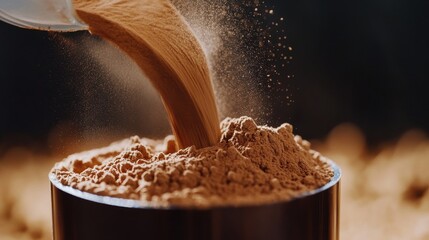 Chocolate Protein Powder Being Poured into Measuring Cup