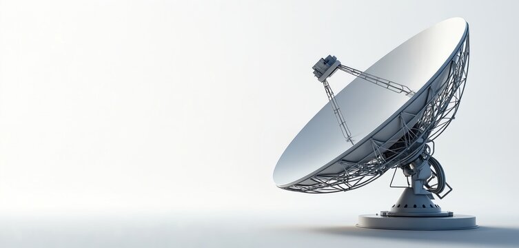 Satellite dish isolated on white background. Modern communication tech, broadcasting, signal transmission. Global network, wireless connection. Home entertainment, internet, TV. Space technology,