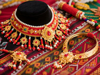 Gold and Red Dayak Jewelry Set on Traditional Woven Textiles