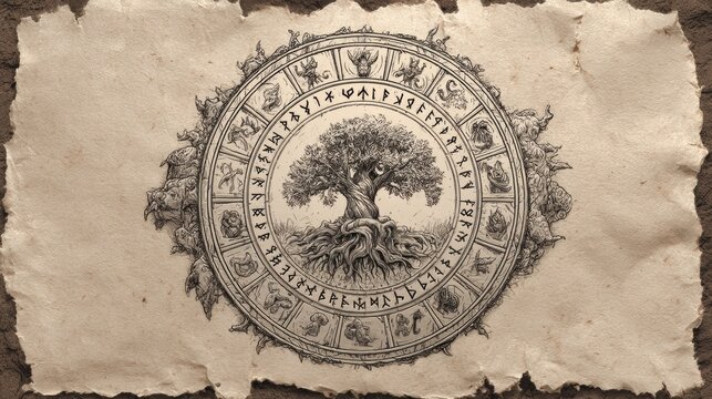 Symbolic Yggdrasil tree illustration on parchment background with mythological runes