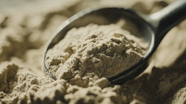 Measuring spoon resting on protein powder heap ultra standard 6x