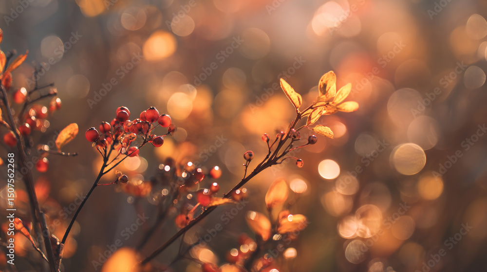 Poster a close up of a branch with red berries and yellow leaves against a bokeh filled background scene
