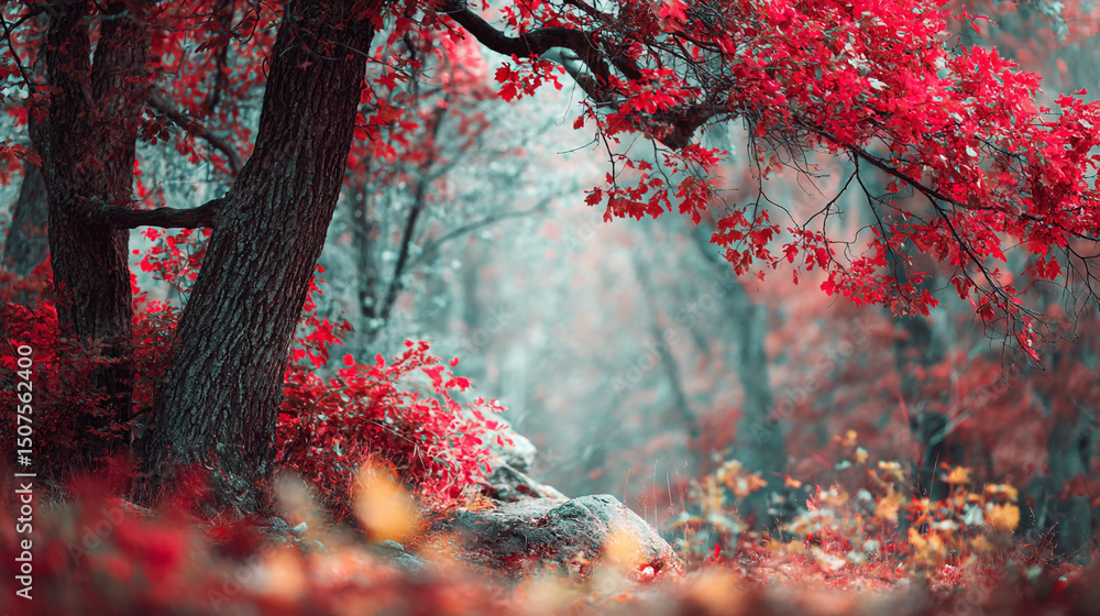 Aufkleber a vibrant forest scene featuring trees with red leaves and a misty background creating a dreamy effe