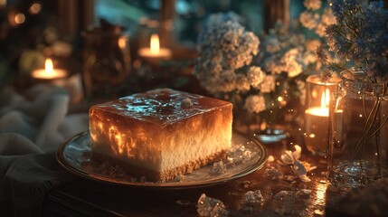 Glowing, layered cake on a plate, surrounded by candles and flowers