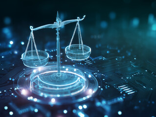 Digital balancing scale justice, fairness in modern technology environment. Holographic scales balance on illuminated datum background of ai circuitry. Innovation concept in abstract futuristic