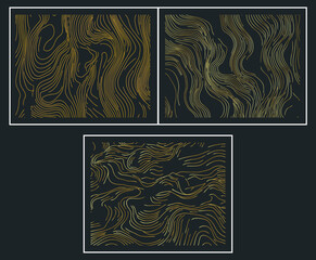 Abstract gold line wood texture set. Topography contour, organic nature texture covers, labels, invitations and posters. Wave art vector design