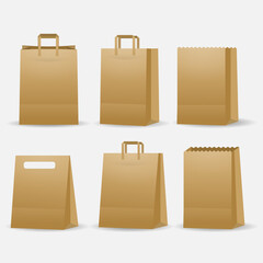 Brown color paper shopping bags mockup set isolated on white background.