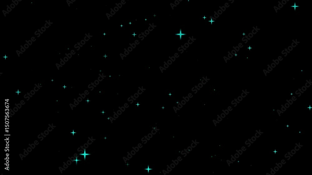 Poster loop twirly cyan stars particles animation motion twirling on black abstract background. cyan stars 