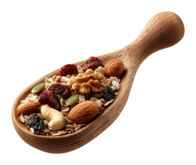 Healthy snack mix with nuts and dried fruits in wooden spoon kitchen food rustic aesthetic isolated on transparent background