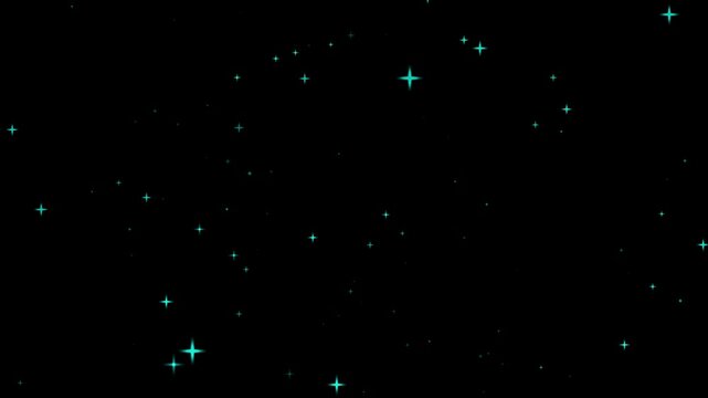 Loop twirly cyan stars particles animation motion twirling on black abstract Background. Cyan stars particle on dark background motion titles cinematic