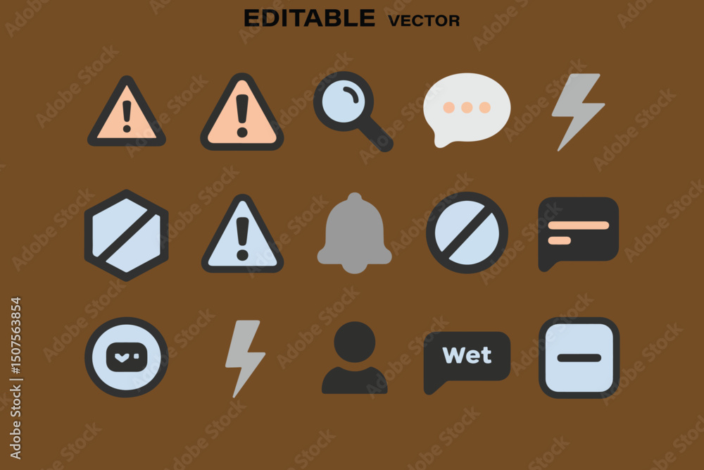 Poster set of flat design icons with warning search chat and notification symbols for web and mobile
