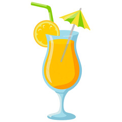 Fresh summer cocktail in glass with straw, umbrella and juicy orange slice. Cartoon vector illustration on white background.