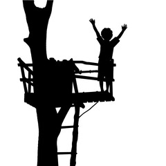 Silhouette of a Child Waving from a Treehouse – Symbol of Childhood Adventure, Outdoor Play, Nature Connection, Summer Fun, Freedom, Imagination and Creative Exploration