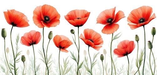 Fototapeta premium Watercolor painting of vibrant red poppy flowers isolated on white background. Hand painted floral design elements. Perfect for wedding invitations, greeting cards, spring or summer designs.