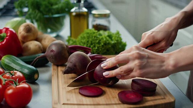female hands cutting raw   beet with knife in modern kitchen