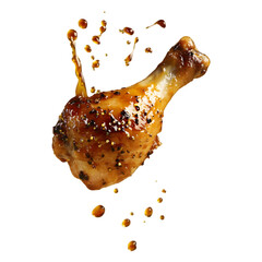 golden-brown crispy chicken drumstick suspended mid-air with a burst of savory sauce splashing around, droplets frozen in motion, glistening skin detail, isolated on transparent background, png cutout