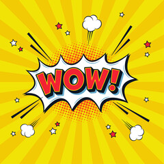 	
comic speech bubble or burst ballon or shout ballon with text wow! in bright colored pop art style in front of ray background. Vector illustration.