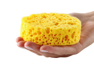Washing action with natural yellow sponge home kitchen product bright environment view isolated on transparent background