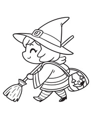 Cute Little Witch Halloween Coloring Page – Fun Kids in Costumes with Magic, Broomsticks, and Pumpkins

