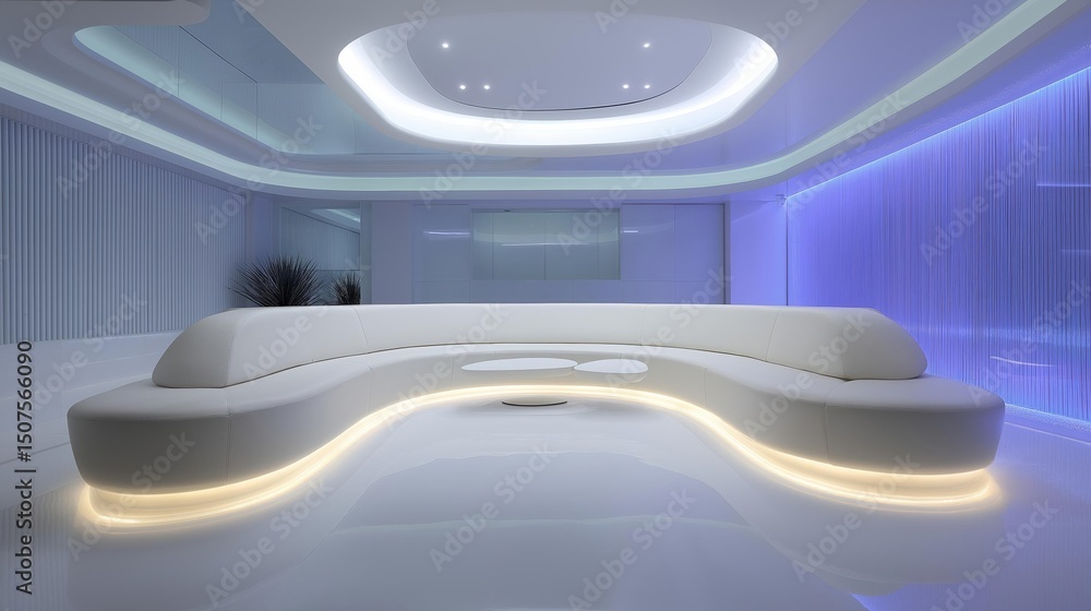 Poster modern and luxurious living room with a curved white sofa in the center. the sofa has a circular sha