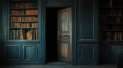 Dark library room with hidden door