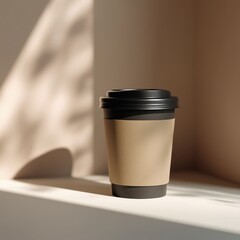 Coffee cup on shelf with soft shadows and warm tones, concept of mockup, blank  