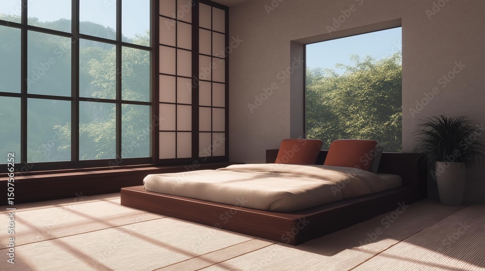 Poster modern and minimalist bedroom with a large window on the left side. the window has a large sliding g