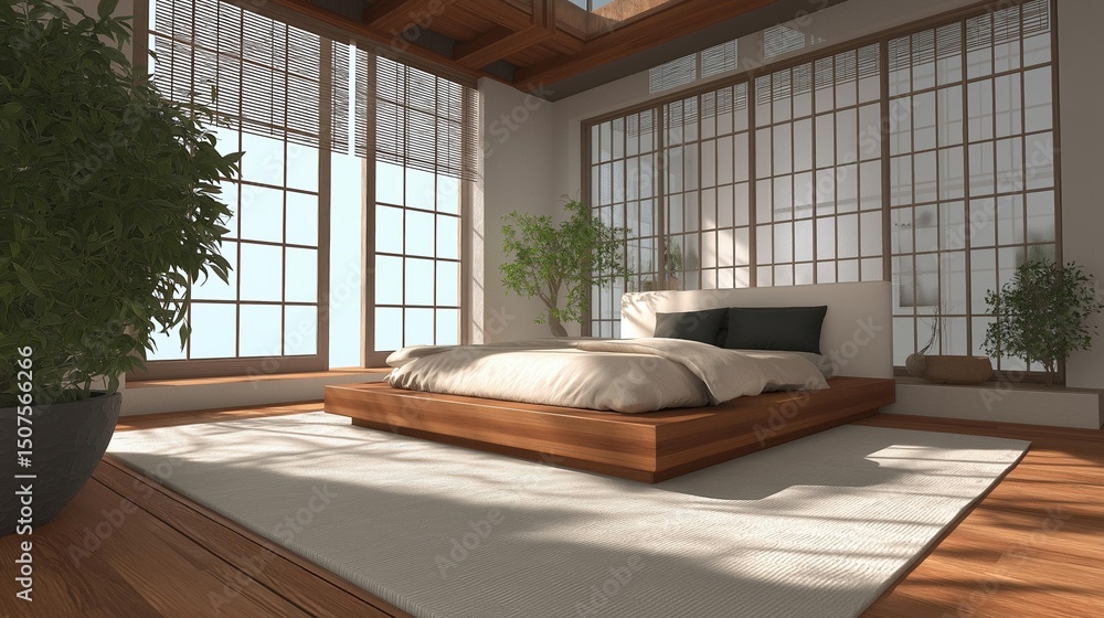 Poster modern and luxurious bedroom with a large window on the right side. the window has large panes of gl