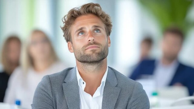 Focused Contemplation: A portrait of a man immersed in thought, his gaze directed upwards, captured in a moment of deep consideration, set in a business-oriented environment.