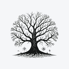 Obraz premium Highly Detailed Black and White Illustration of Large Twisted Tree with Bare Branches and Intricate Roots in Dark Moody Cinematic Lighting