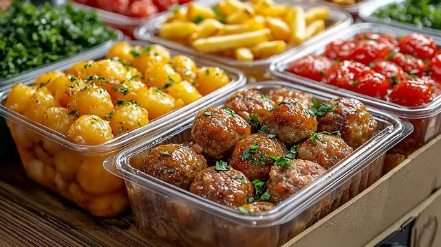 Delicious assortment of prepackaged food in plastic containers featuring meatballs and side dishes