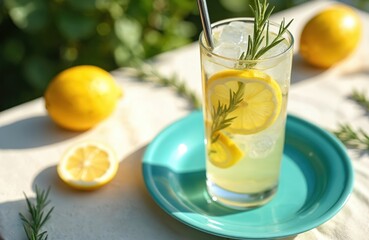 Refreshing lemonade cocktail with ice rosemary and lemon slices. Healthy cold lemon beverage in tall glass, blue plate outdoor garden. Summer detox water drink, vibrant colours.