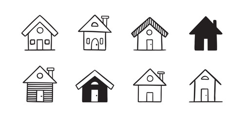 House doodle hand drawn icon set. Outline drawing cute simple homes line clipart symbol collection