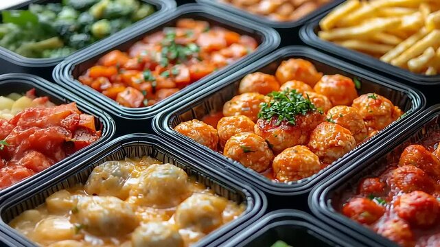 Delicious assortment of pre-packaged meals ready for delivery, takeout, or meal prepping