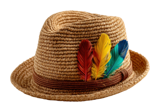 Decorative feathered straw hat market fashion accessory bright colors view isolated on transparent background