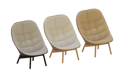A set of three chairs sitting next to each other on a white background