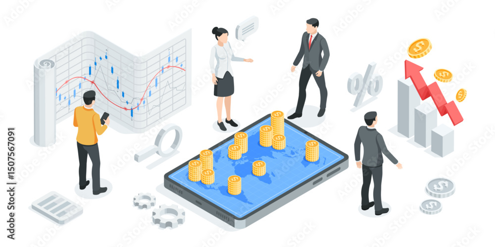 Poster isometric vector concept with business people and world map on tablet screen with stacks of coins an