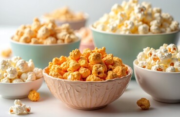 Assortment bowls various popcorn flavors textures. Snacks for movie nights, parties. Caramel, cheese, butter and classic popcorn. Crunchy, crispy treats, ready to share enjoy at home or cinema.