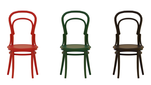 A set of three chairs in different colors of wood