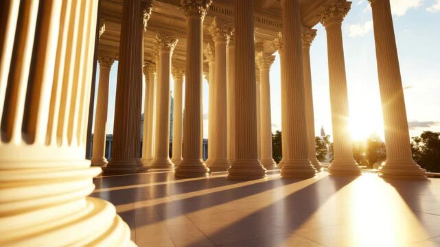 Golden sunset among classical columns