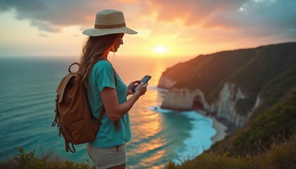 Obraz premium Young woman uses phone on mountain peak at sunset. Traveler backpacker online, searches directions, books accommodation, flights. Vacation, journey in remote location. Mobile tech helps plan, explore
