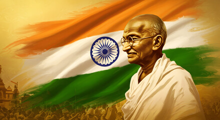 Portrait of Mahatma Gandhi with flag and historic crowd illustration