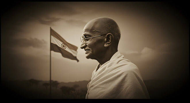 Portrait of Mahatma Gandhi with flag and historic crowd illustration