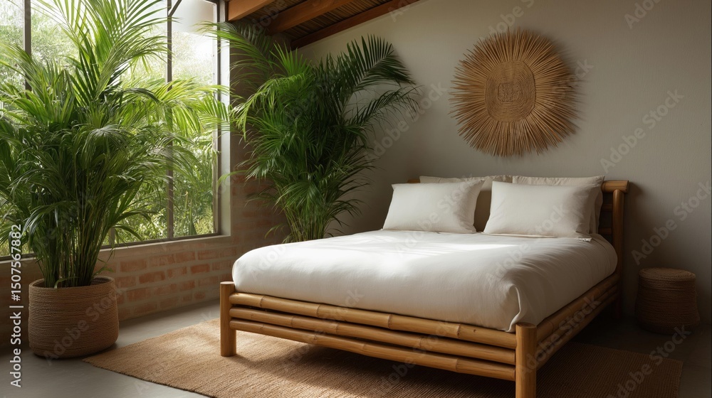 Poster modern bedroom with a large window on the left side. the window has a view of trees and greenery out