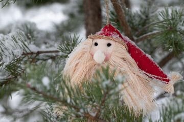 In winter, a little Santa hangs from a coniferous tree outside. Small snowflakes have fallen on Santa and the tree.